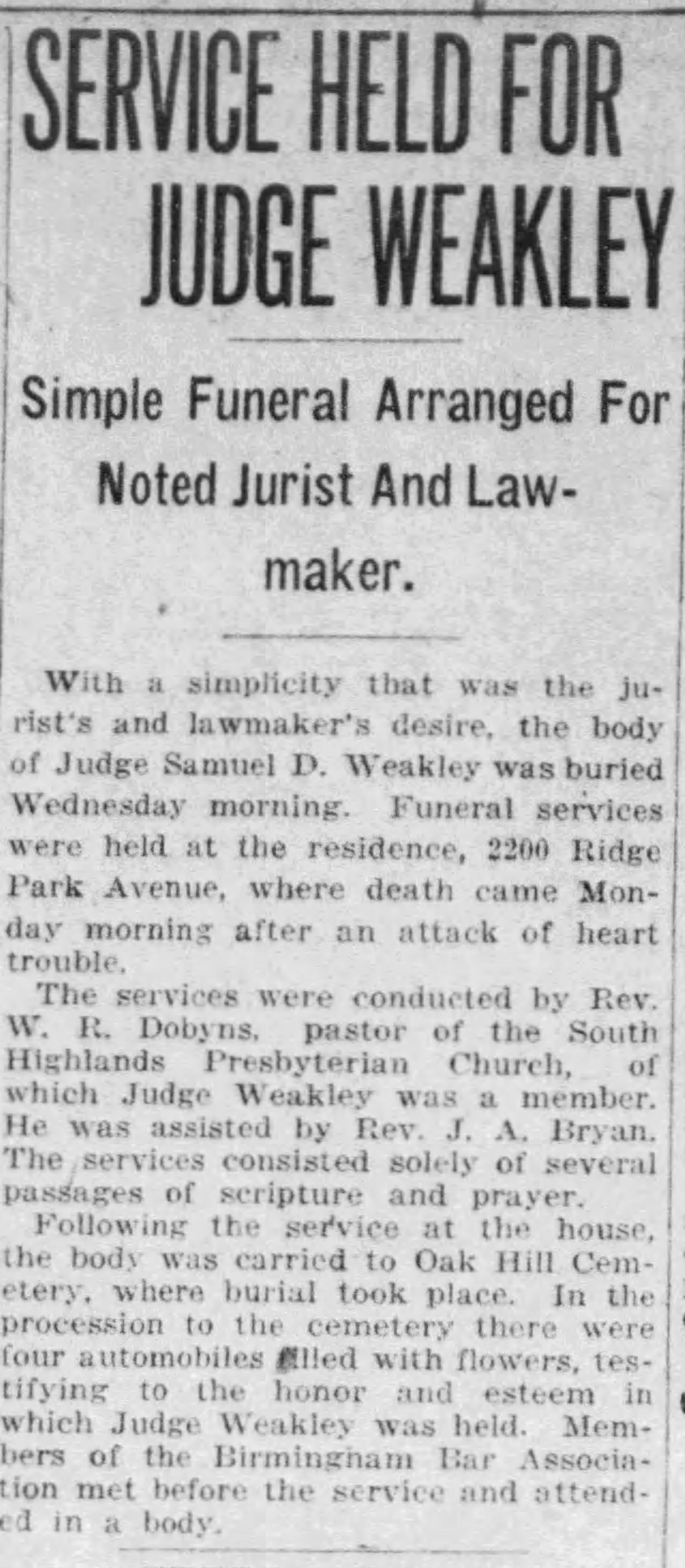 Judge Samuel D. Weakley obituary